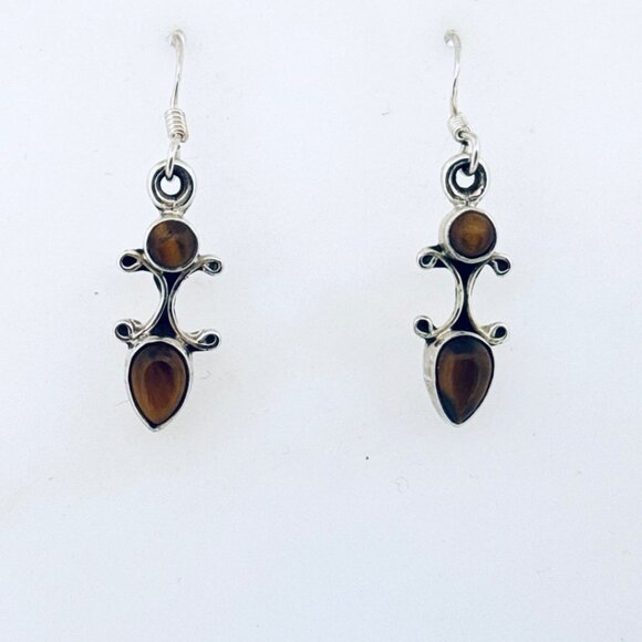 Estate Sterling Silver 925 Tiger Eye Drop Dangle Earrings Hook 3.56g Boho Chic - Picture 1 of 7